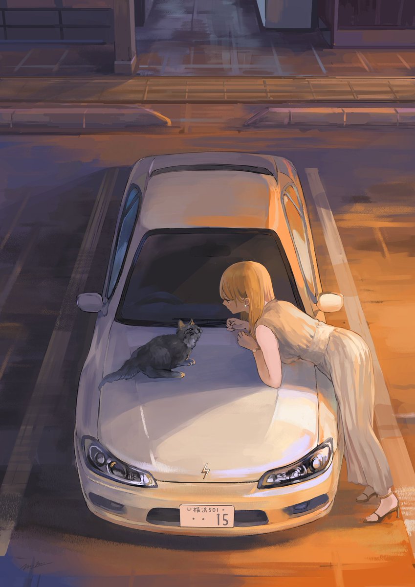 1girl vehicle focus motor vehicle cat ground vehicle car blonde hair  illustration images