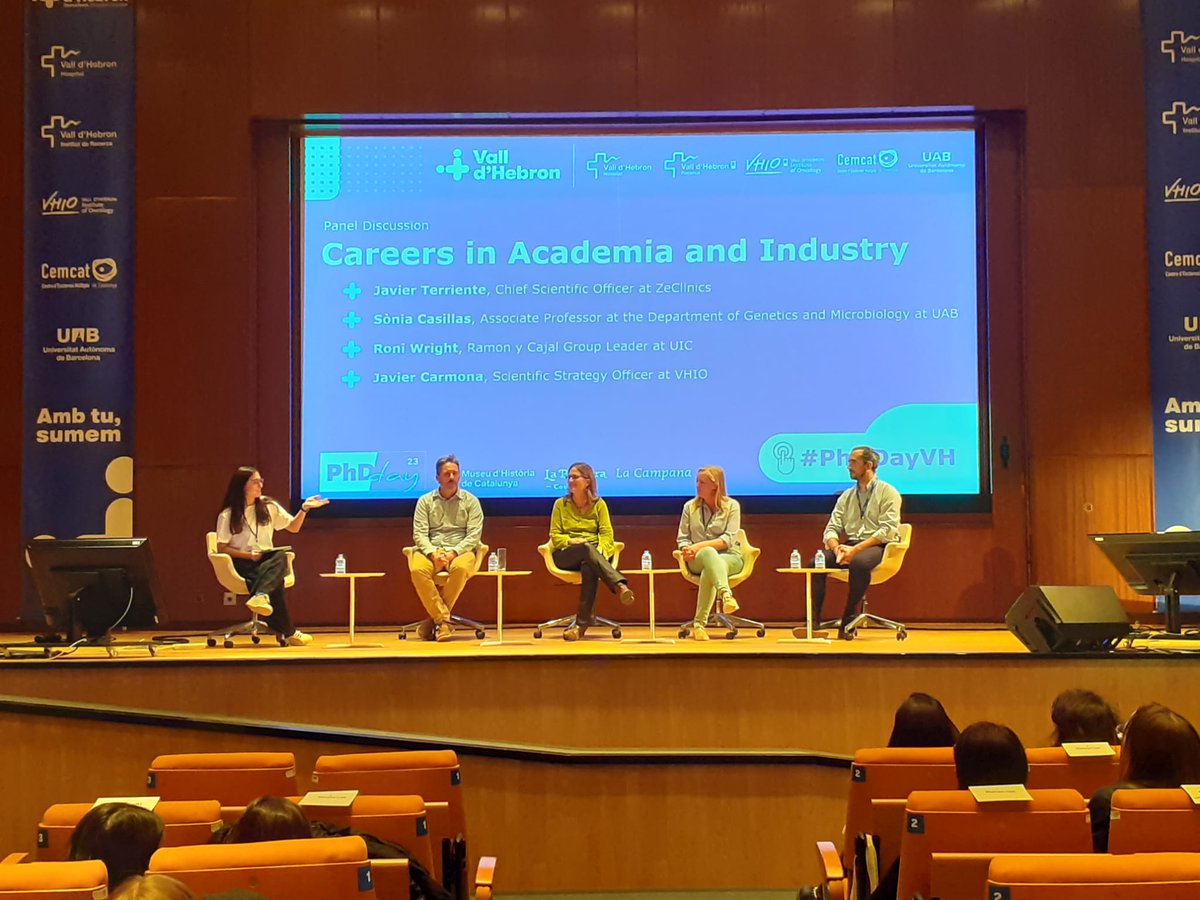 It's time to know more about careers in academia and industry. We begin with a panel discussion with the participation of @JaviTerriente (@ZeClinics), @scasillasv (@UABBarcelona), @RoniHGwright (@UICbarcelona) and @FJCarmonas (@VHIO). #PhDdayVH

💻Online: gencat.zoom.us/j/99169291050