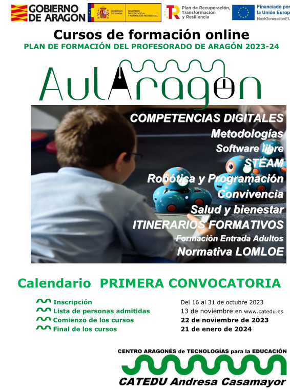catedu_es's tweet photo. Comienzan los cursos de Aularagon 1Conv
- 7.845 horas de formación
- 210 grupos
- 151 cursos
- 12.546 admitidos
- 160 tutores
- 628 robots
- Hasta el 21 de enero https://t.co/bKCTcU31zE