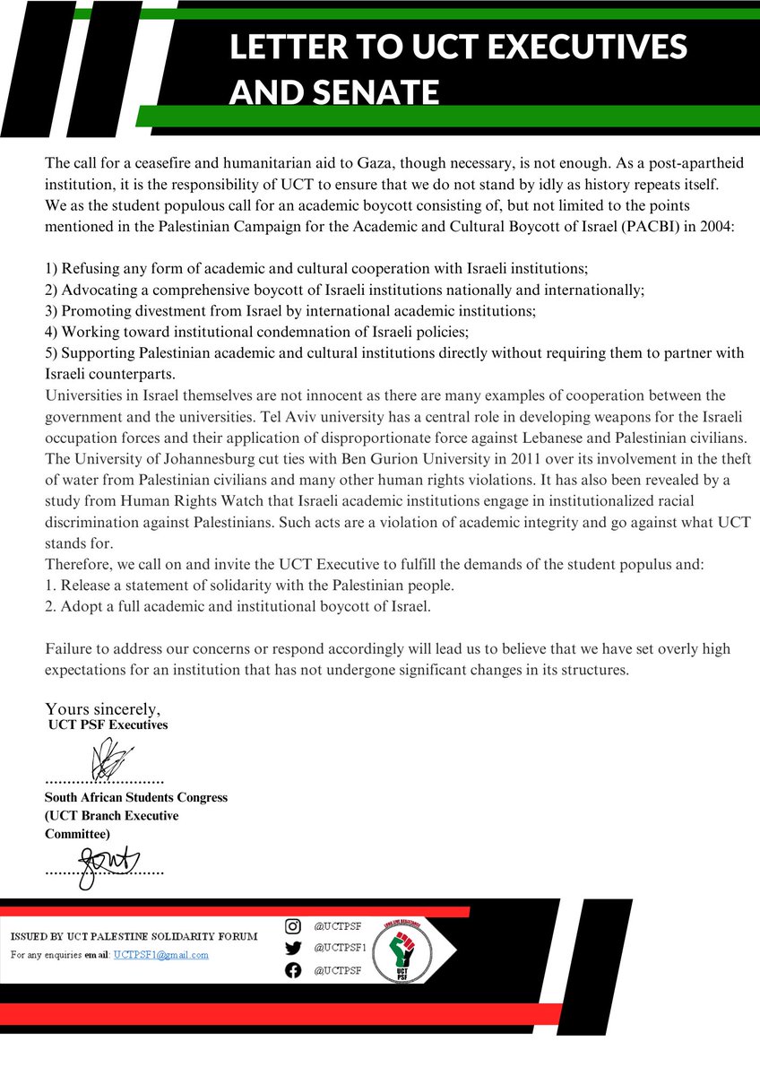 Calling UCT executive to release a statement in solidarity with the palestinians as well as a full academic and institutional boycott of Israel.
🇵🇸🤍