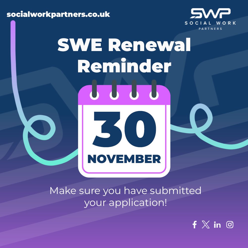SWPartners_'s tweet image. This is your reminder that we are now 1 WEEK AWAY from the Social Work England renewal application deadline.

Please make sure you have your applications submitted before the 30th of November!

#SocialWorkEngland #socialcare #socialwork