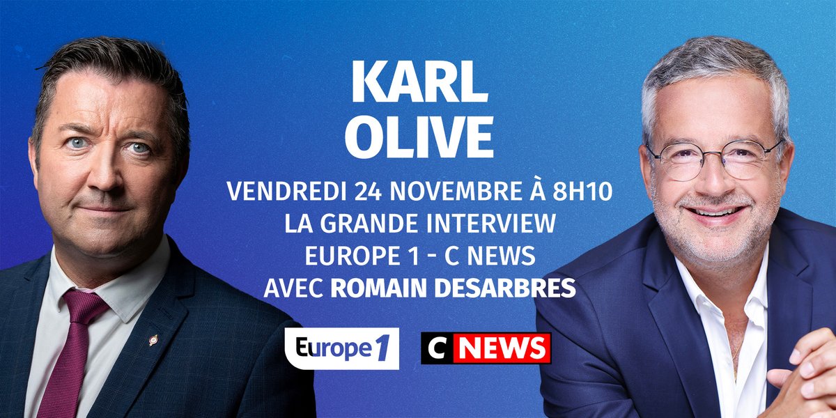 🔵 Ce vendredi 24 novembre dans #LaGrandeITW Europe1-Cnews à 8h10 ➡️@Rdesarbres reçoit @KARLOLIVE, député @Renaissance des Yvelines