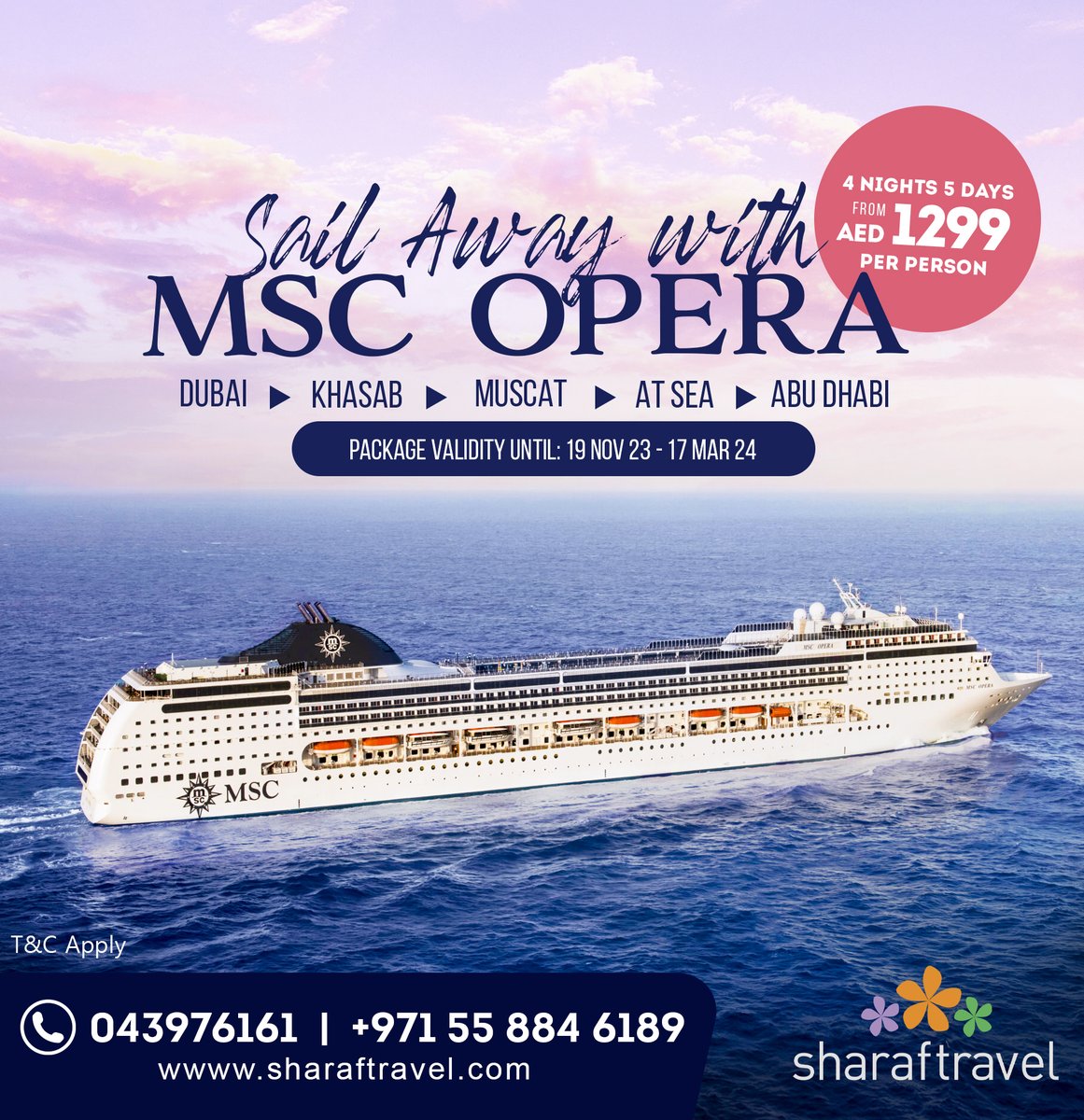 SharafTravel's tweet photo. 5 Days of Amazing Cruise with MSC Opera starting from AED1299 per person. 

Book Now: 
Dubai: +971558846189 
Email: wecare@sharafholidays.com 
https://t.co/AfYCIwSUrs 
T&amp;C Apply. 
 
#msccruises #SharafTravel #Travelpackage #Holidaypackage #cruise #DubaiCruise #mscopera https://t.co/BLtBqZWi5o