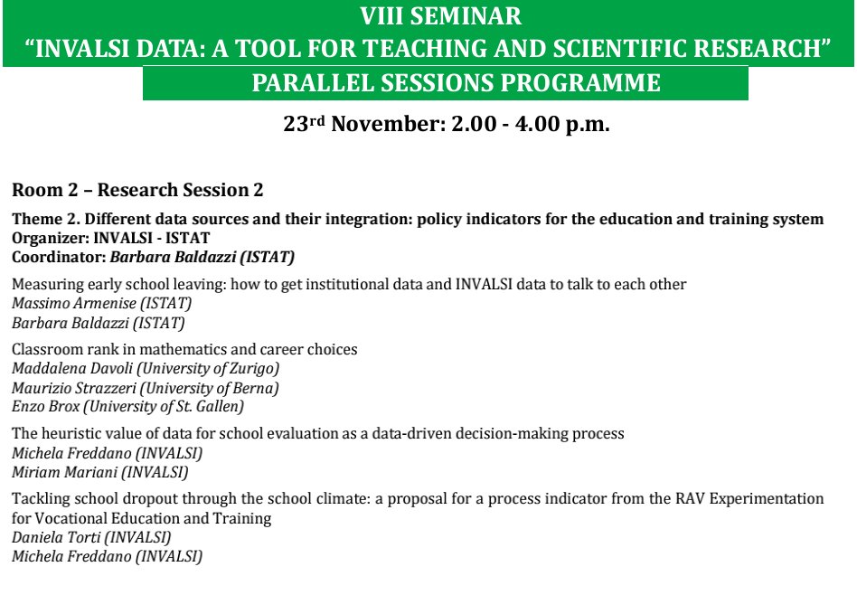 VIII Seminar #INVALSIdata: parallel research sessions co-organized with #ESPANETItalia &amp; <a href="/istat_it/">Istat</a> on: challenges of the school system and different data sources and their integration

serviziostatistico.invalsi.it/wp-content/upl…