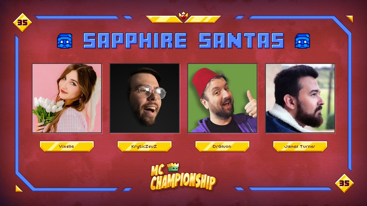 👑 Announcing team Sapphire Santas 👑

<a href="/vixella/">vixella</a> <a href="/KryticZeuz/">Zeuz</a> <a href="/Drgluon/">DrGluon</a> <a href="/JamesTurnerYT/">James Turner</a> 

Watch them in MCC on Saturday 9th December at 8pm GMT!