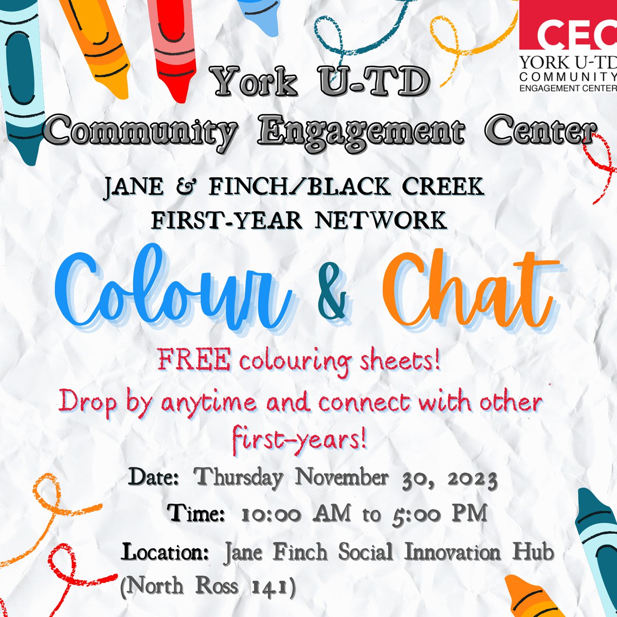 Jane &amp; Finch/Black Creek First Year Network Events

You are about to complete your first semester as a York U student! We know that the upcoming exam season can be stressful, so we are excited to share some opportunities for you to relax and de-stress together.
