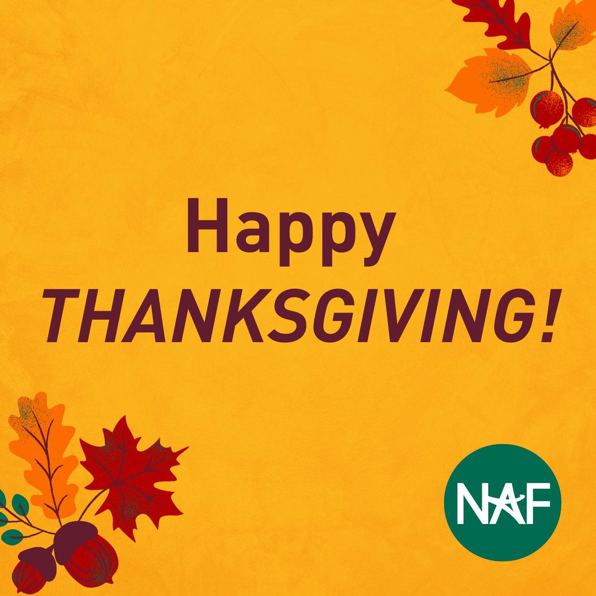 Happy Thanksgiving from our team at NAF! 🍁🦃🍂 We are grateful for our NAF Network whose hard work and dedication have helped us make a difference in the lives of thousands of high school students across the country. #HappyThanksgiving #Grateful #BeFutureReady