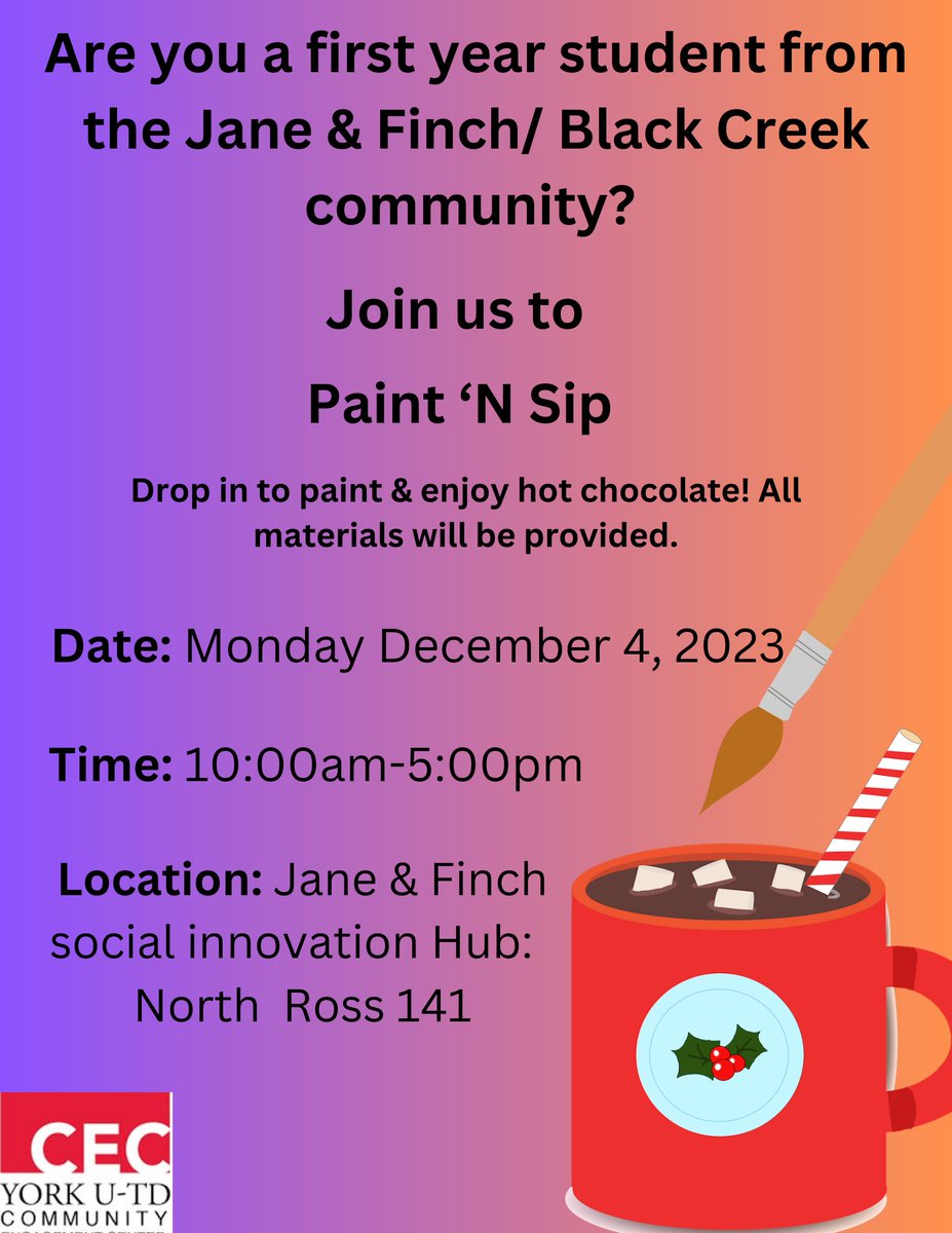 Jane &amp; Finch/Black Creek First Year Network Events

You are about to complete your first semester as a York U student! We know that the upcoming exam season can be stressful, so we are excited to share some opportunities for you to relax and de-stress together.
