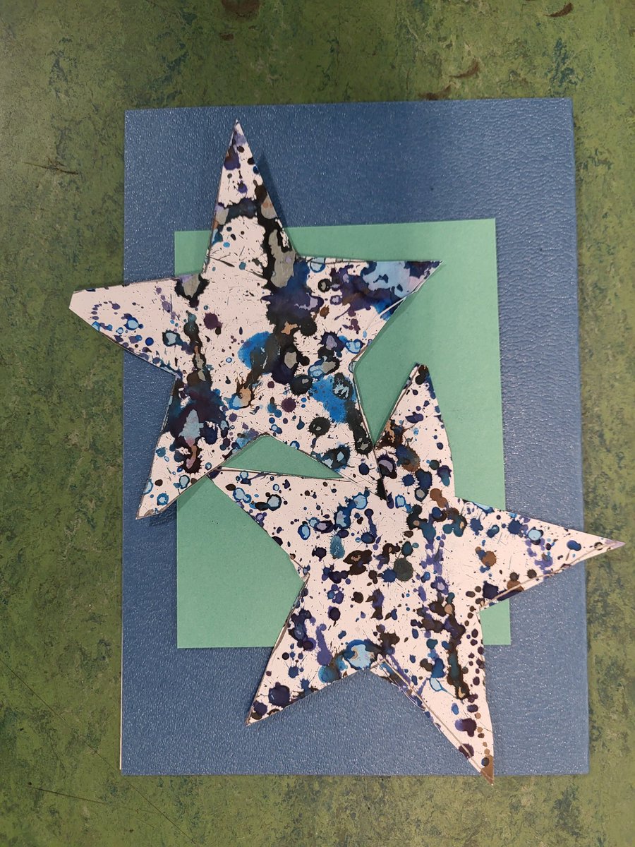 vcmooreartist's tweet photo. Some beautiful Christmas cards from our S1/S2 DEN learner's today. Last week we explored media handling skills (wax resist, watercolour washes, splatters) and colour theory to create prepared paper for cutting into stars today ✨️ @StAndrewsRCHS #mediahandlingtechniques https://t.co/CfJ86L3Xva