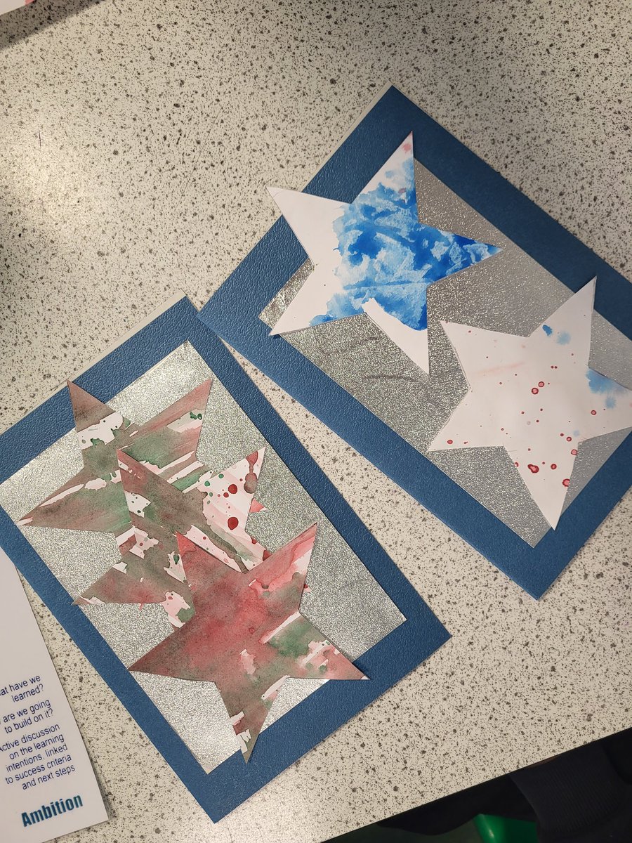 vcmooreartist's tweet photo. Some beautiful Christmas cards from our S1/S2 DEN learner's today. Last week we explored media handling skills (wax resist, watercolour washes, splatters) and colour theory to create prepared paper for cutting into stars today ✨️ @StAndrewsRCHS #mediahandlingtechniques https://t.co/CfJ86L3Xva