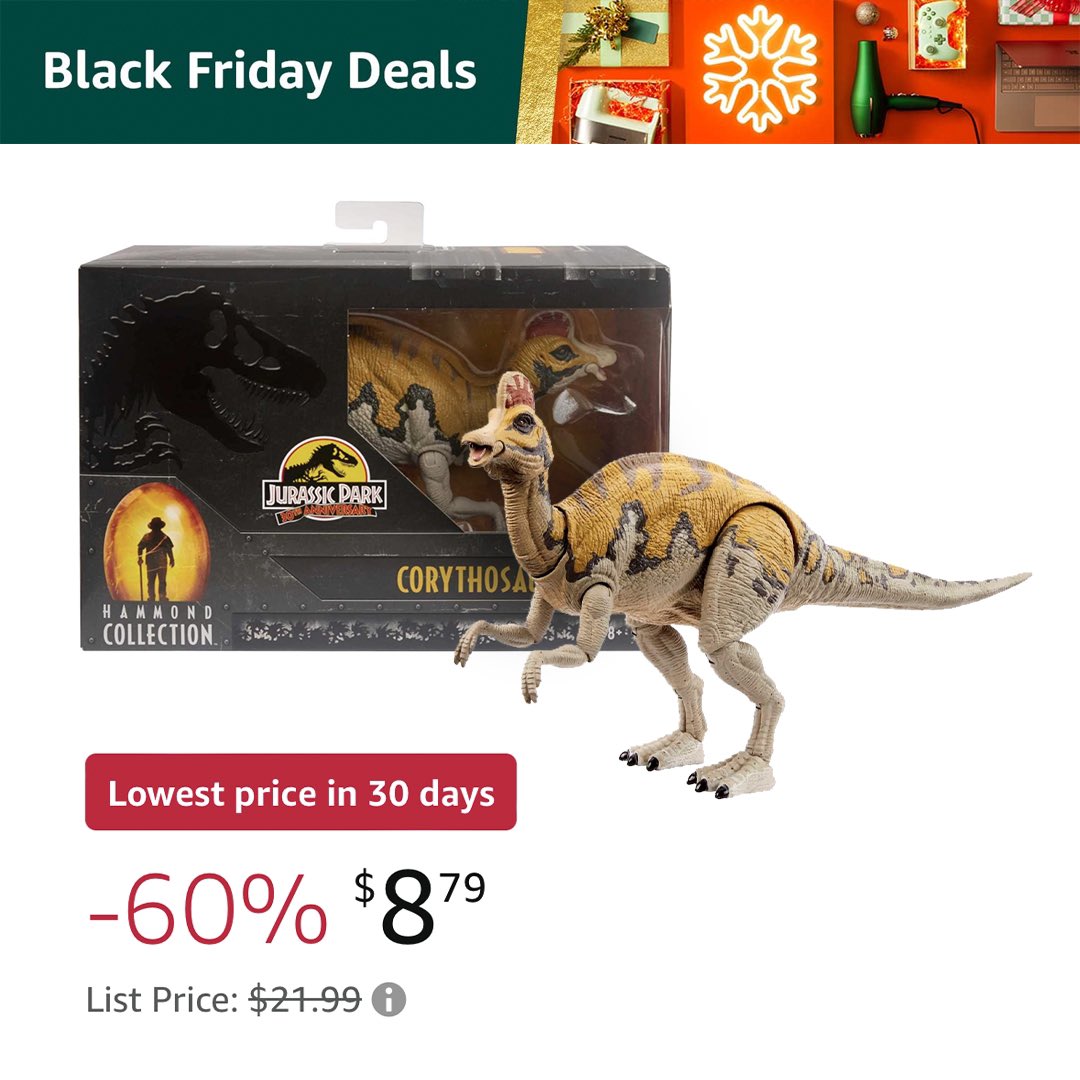 ‼️MEGA DINO DEAL‼️ amzn.to/49R0m4k #ad Another crazy markdown on @mattel’s Hammond Collection figures — the Jurassic Park 3 Corythosaurus is 60% off, bringing it under $9. #collectjurassic #blackfriday #holidayshopping #blackfridaysale #blackfridaydeals #cybermonday