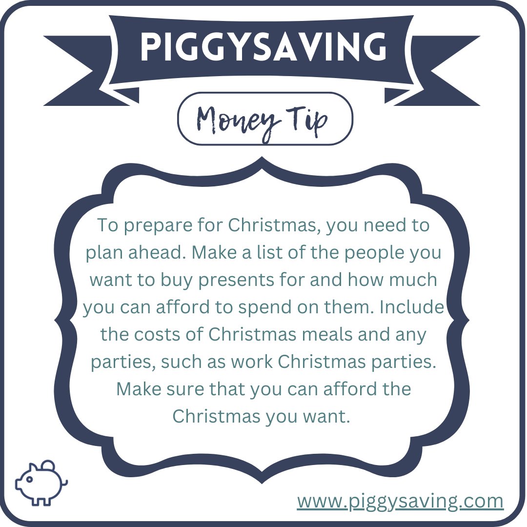 piggysaving's tweet photo. To prepare for Christmas, you need to plan ahead. Make a list of the people you want to buy presents for and how much you can afford to spend on them. Include the costs of Christmas meals and any parties, such as work Christmas parties. #christmasiscoming #xmasplanning #moneytips https://t.co/yEDlHCXV8g