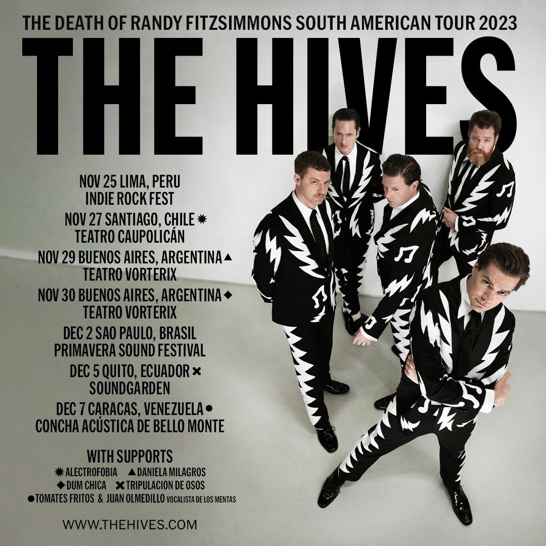 TheHives's tweet photo. South America Tour commences this weekend in Peru. Can’t wait! 

Last time we were there it was Lima fashion week at the hotel. Let’s see what this time has in store. 

Anyways, here is a list of the support acts for the tour. Nosotros hemos hablado.

https://t.co/0ZCpX5j37H https://t.co/l9G10zD4Im