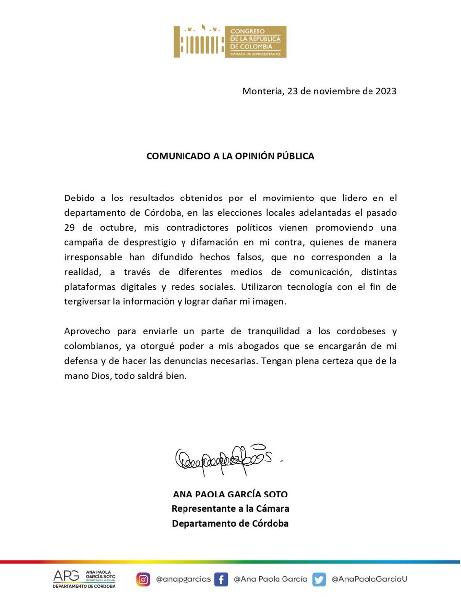 Cristina Rincón Hart (@cristyrinconhar) on Twitter photo COMUNICADO A LA OPINIÓN PÚBLICA D NTRA REPRESENTANTE <a href="/AnaPaolaGarciaU/">Ana Paola García</a> MANIFIESTA Q SUS CONTRADICTORES POLÍTICOS A RAÍZ D LOS RESULTADOS ELECTORALES HAN EMPEZADO UNA CAMPAÑA DE DESPRESTIGIO Y DIFAMACIÓN EN SU CONTRA, SE DEFENDERÁ JURÍDICAMENTE Y D LA MANO D DIOS TODO SALDRÁ BIEN🙏 COMUNICADO A LA OPINIÓN PÚBLICA D NTRA REPRESENTANTE <a href="/AnaPaolaGarciaU/">Ana Paola García</a> MANIFIESTA Q SUS CONTRADICTORES POLÍTICOS A RAÍZ D LOS RESULTADOS ELECTORALES HAN EMPEZADO UNA CAMPAÑA DE DESPRESTIGIO Y DIFAMACIÓN EN SU CONTRA, SE DEFENDERÁ JURÍDICAMENTE Y D LA MANO D DIOS TODO SALDRÁ BIEN🙏