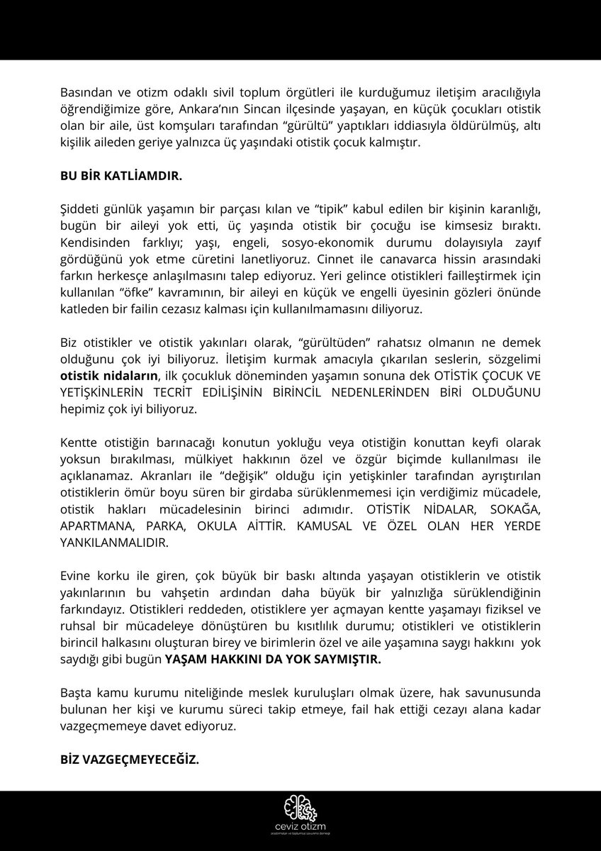 cevizotizm's tweet photo. Ankara'nın Sincan ilçesinde yaşanan katliamın ardından acımızı hak savunan tüm kişi ve kurumlarla paylaşıyor, HERKESİ SÜRECİ TAKİP ETMEYE DAVET EDİYORUZ.

OTİSTİK NİDALAR YOK EDİLEMEZ. https://t.co/wTgaPn4Lq0