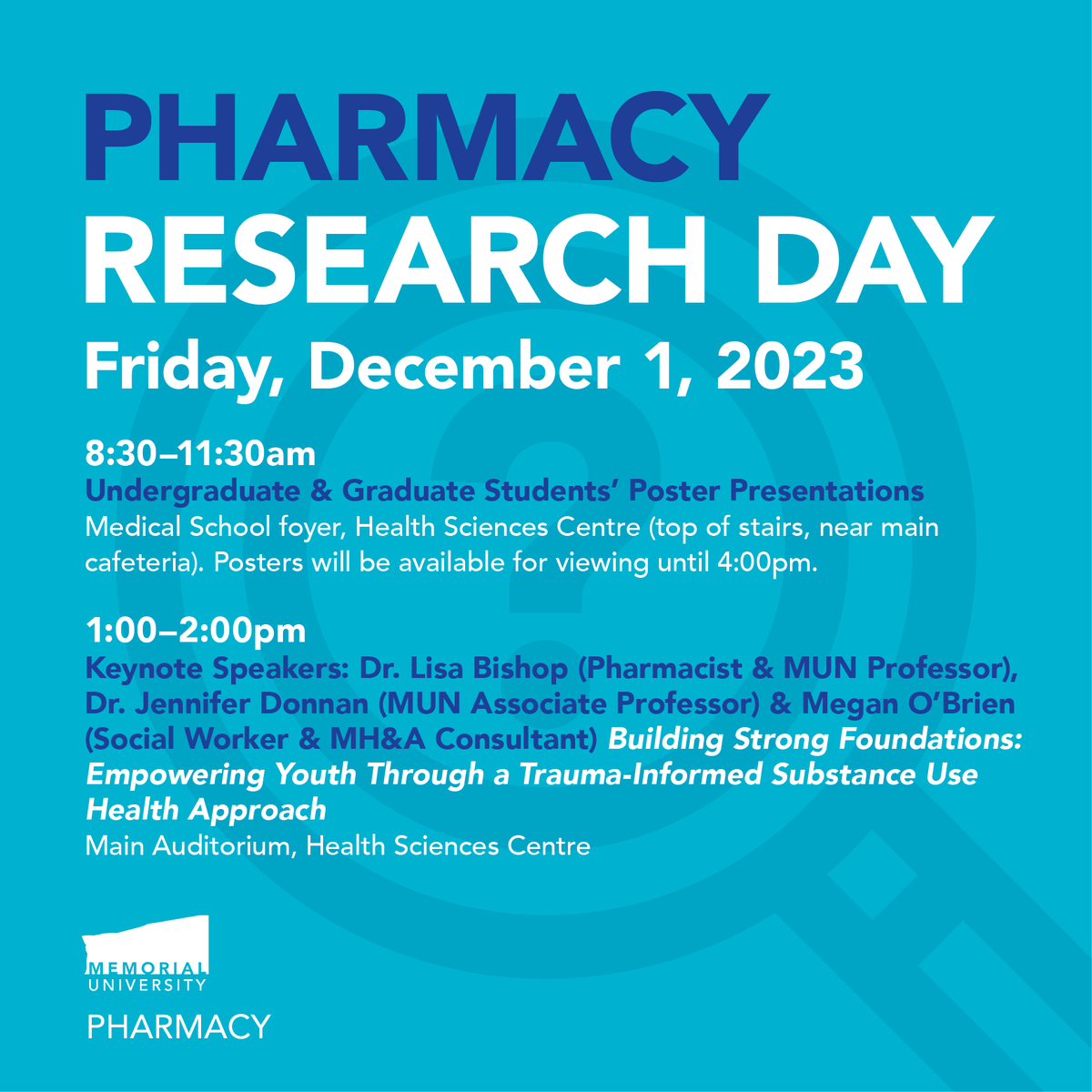 School of Pharmacy Research Day: Friday, December 1. *ALL WELCOME!* 
For more information, please visit: mun.ca/pharmacy/resea…