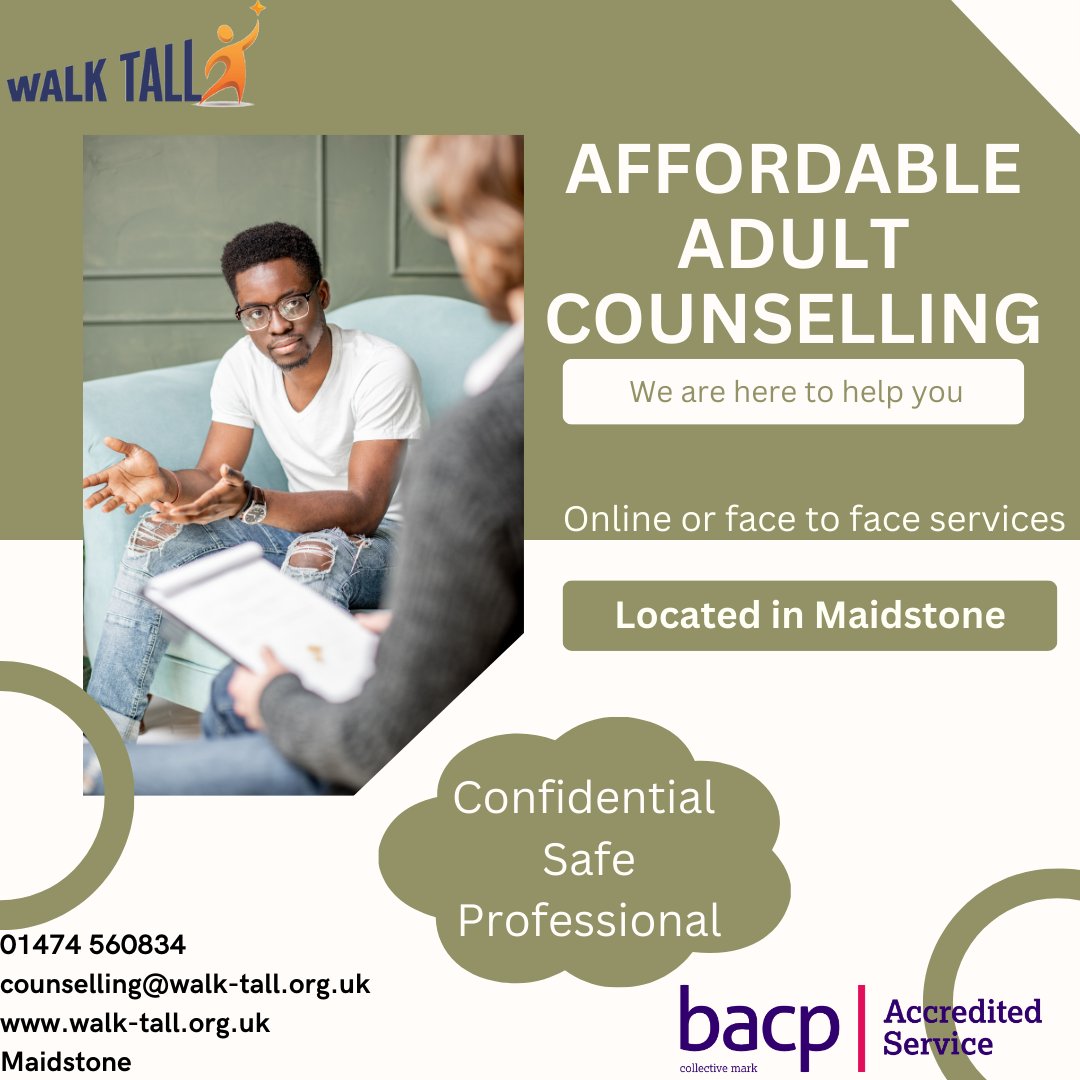 Affordable adult counselling available in Maidstone. We are here to help you. Call or email for more information.
#counselling #counsellor #counsel #affordable #adultcounselling #online #facetoface #accredited #maidstone #gravesend #medway #dartford #mentalhealthmatters #walktall