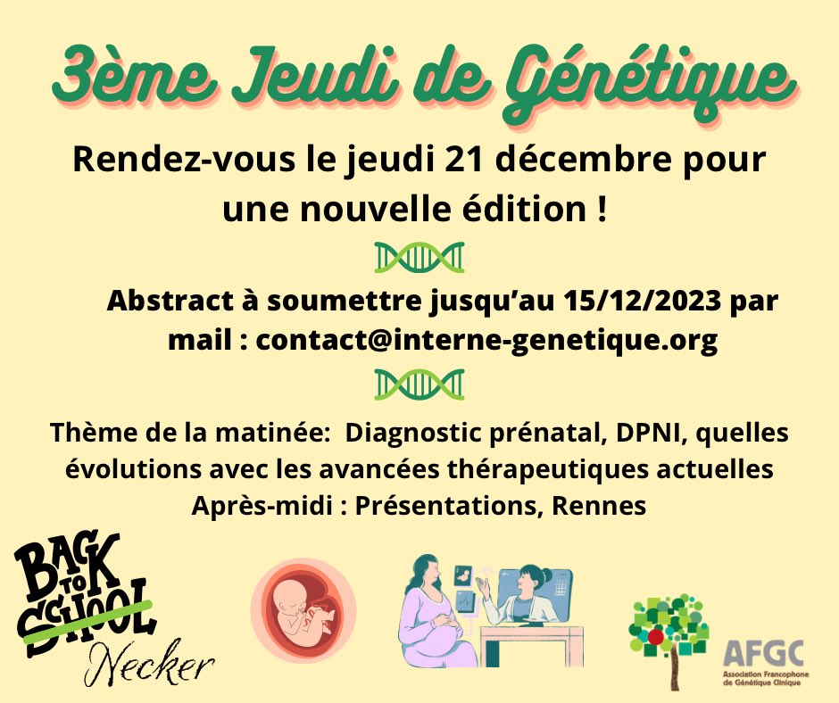 SIGF (@sigf_genetique) on Twitter photo Le prochain 3e jeudi de génétique aura lieu le 21 décembre et nous sommes à la recherche de présentation d'internes et de jeunes chefs 🧬
📨 contact@interne-genetique.org
Le lien Zoom sera transmis aux internes (adhérents SIGF 2023-2024) dans les jours précédants le 3ème jeudi. Le prochain 3e jeudi de génétique aura lieu le 21 décembre et nous sommes à la recherche de présentation d'internes et de jeunes chefs 🧬
📨 contact@interne-genetique.org
Le lien Zoom sera transmis aux internes (adhérents SIGF 2023-2024) dans les jours précédants le 3ème jeudi.
