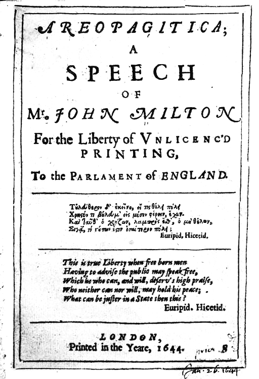 #OnThisDay in 1644 John Milton's pamphlet 'Areopagitica', which argued against censorship and licensing, was published #dailyfootnote