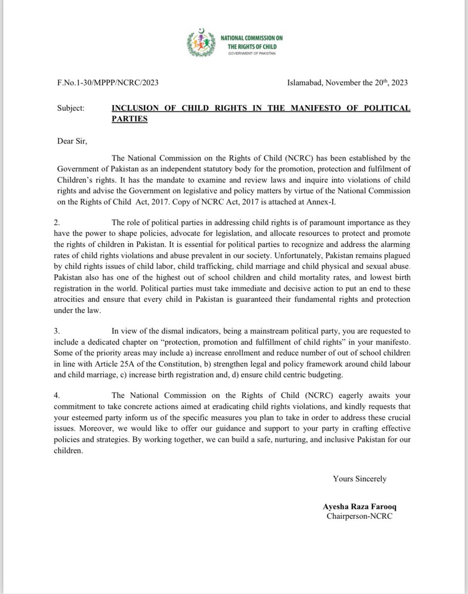 To commemorate #WorldChildrensDay, the National Commission on the Rights of Child (NCRC) @NCRC_Pakistan  has written to all the political parties in Pakistan, urging them to prioritize child rights by incorporating a dedicated chapter on the 'protection, promotion, and…