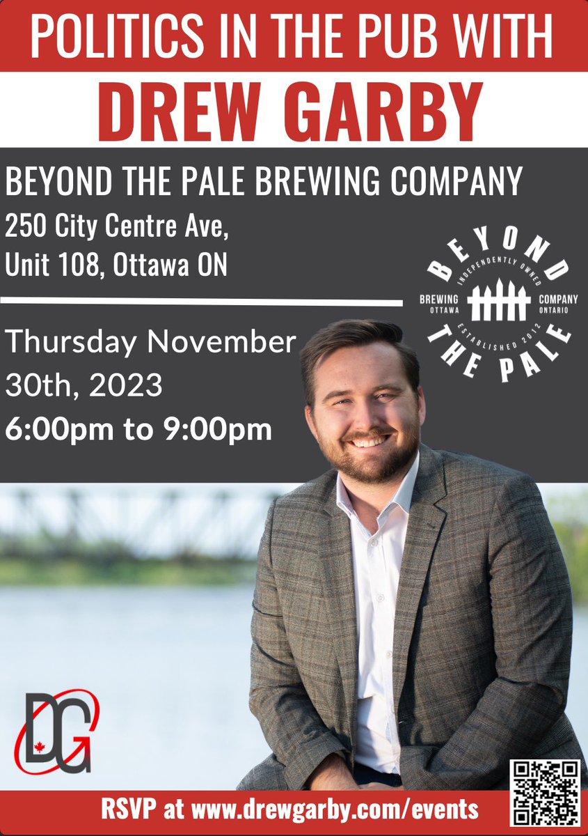 Folks I am excited to announce I’m hosting Politics in the Pub event a week from today!

Thursday November 30th from 6 to 9 pm at <a href="/BTPBrewing/">Beyond the Pale Brewing Company Ottawa</a> 

Come out and tell me what you want to see for our community! 

Look forward to seeing you there!
#politicsinthepub #votedrewvoteyou