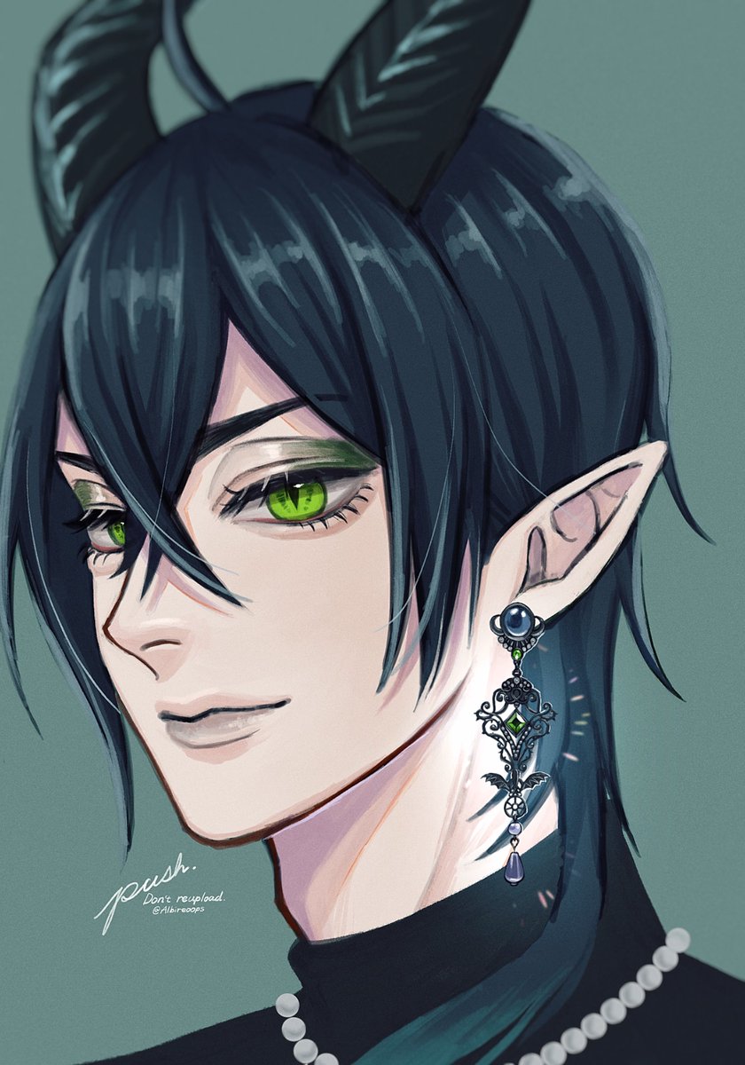 1boy horns pointy ears male focus solo green eyes jewelry  illustration images
