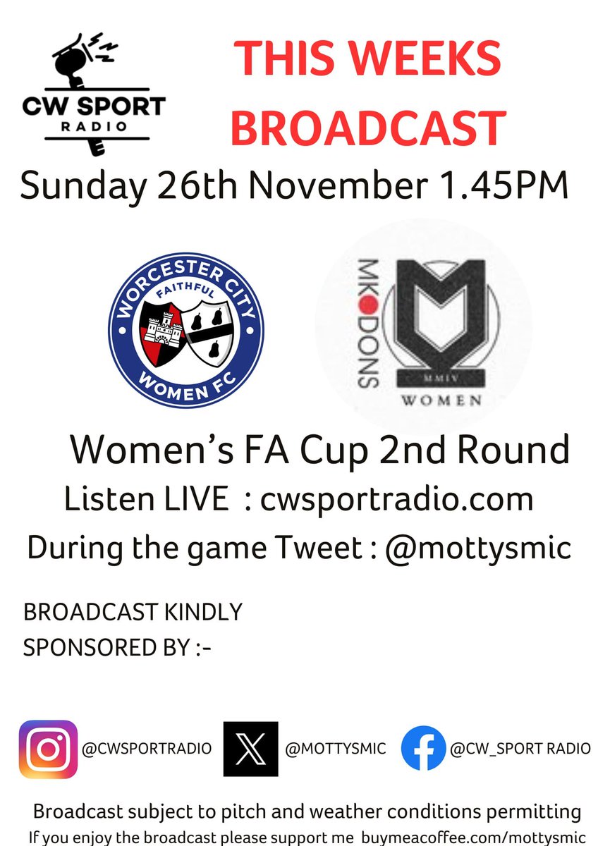 PLS RT This Sun hoping for big crowd at @WorcsRaidersFC for @WCFCWomen vs @MKDonsFCWomen 2pm ko @adobeWFACup IYCMI you can listen from 1.45pm @MKDonsFC @MkLadies @MKDonsWorldwide @MKDonsSET @OfficialMKDSA @SDOWSYC1 @MK1Podcast @TheMKWayBlog @mkfm @BBC3CR @mk_citizen