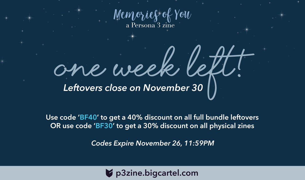 🌟 ONE WEEK LEFT 🌟

Happy Thanksgiving! There's officially one week left until leftover sales close—time is running out ⏳

Use code 'BF40' to get a 40% discount on full bundles or 'BF30' to get a 30% discount on physical zines.

Shop now! ⬇️

🛒: p3zine.bigcartel.com