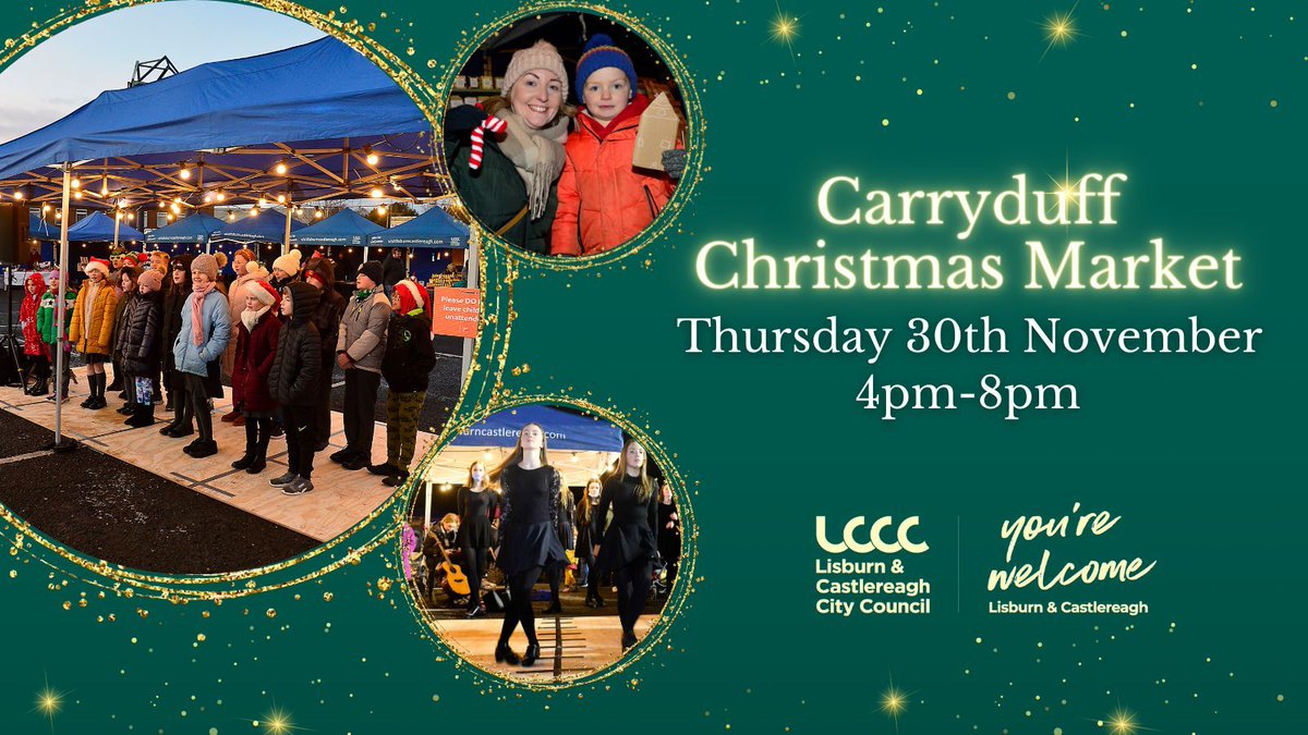 🎄✨ We have a dazzling evening of entertainment at the #Carryduff Christmas Market on Thursday 30th November! 🎶Check out our entertainment lineup for the day👇

#VisitLisburnCastlereagh #LC_LovesChristmas