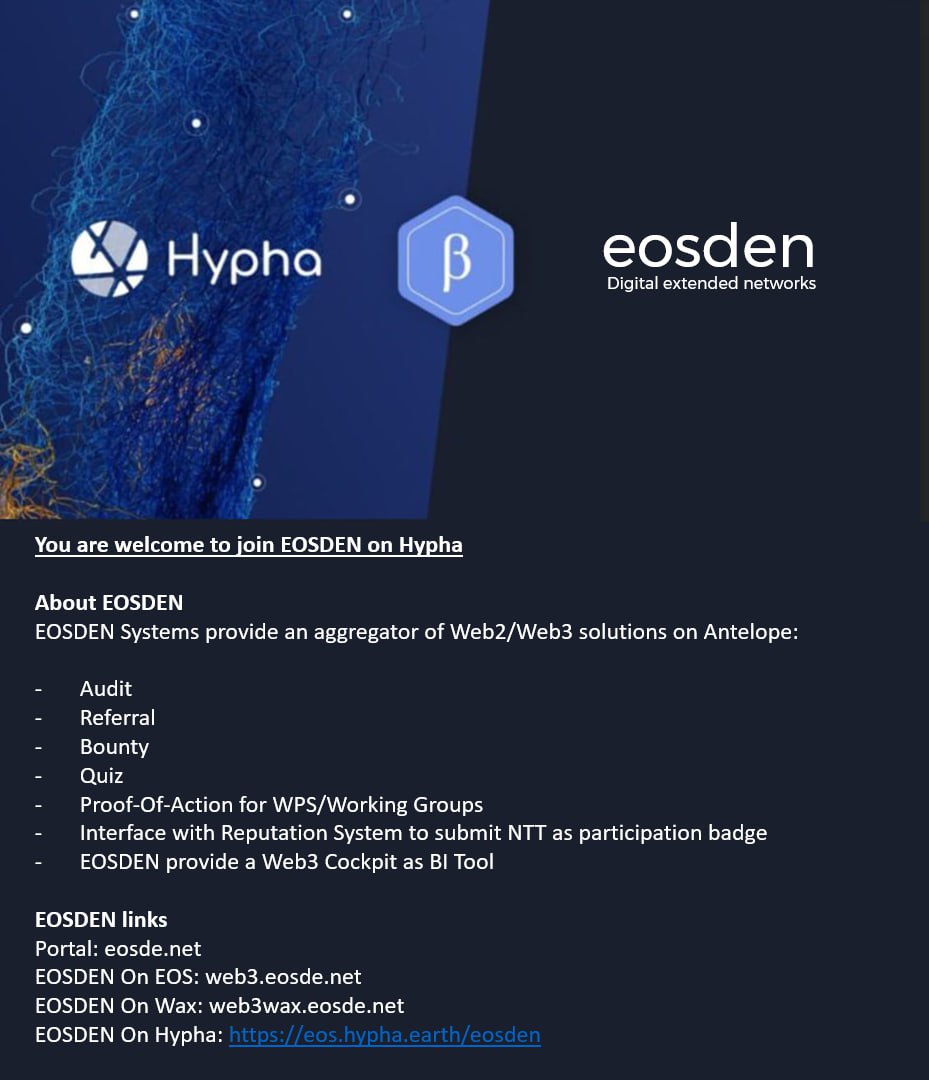 🎉 Big News! Hypha is thrilled to partner with @EOSDEN_NETWORKS, driving innovation and enhancing services for DAOs. Together, we're stronger and more purpose-driven. Learn more about EOSden at eosde.net and eos.hypha.earth/eosden #DAOCommunity #HyphaEOSDEN