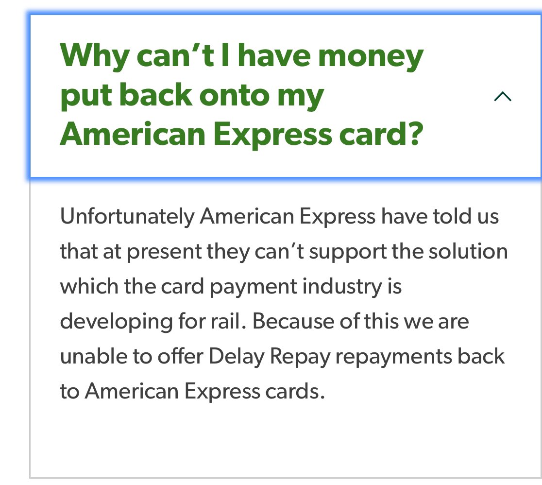 Paid for travel using Amex train delayed all other card holders can claim delay repay but unfortunately Amex does not support. They r becoming more and more irrelevant #boycottAmex <a href="/AmexUK/">American Express UK</a>