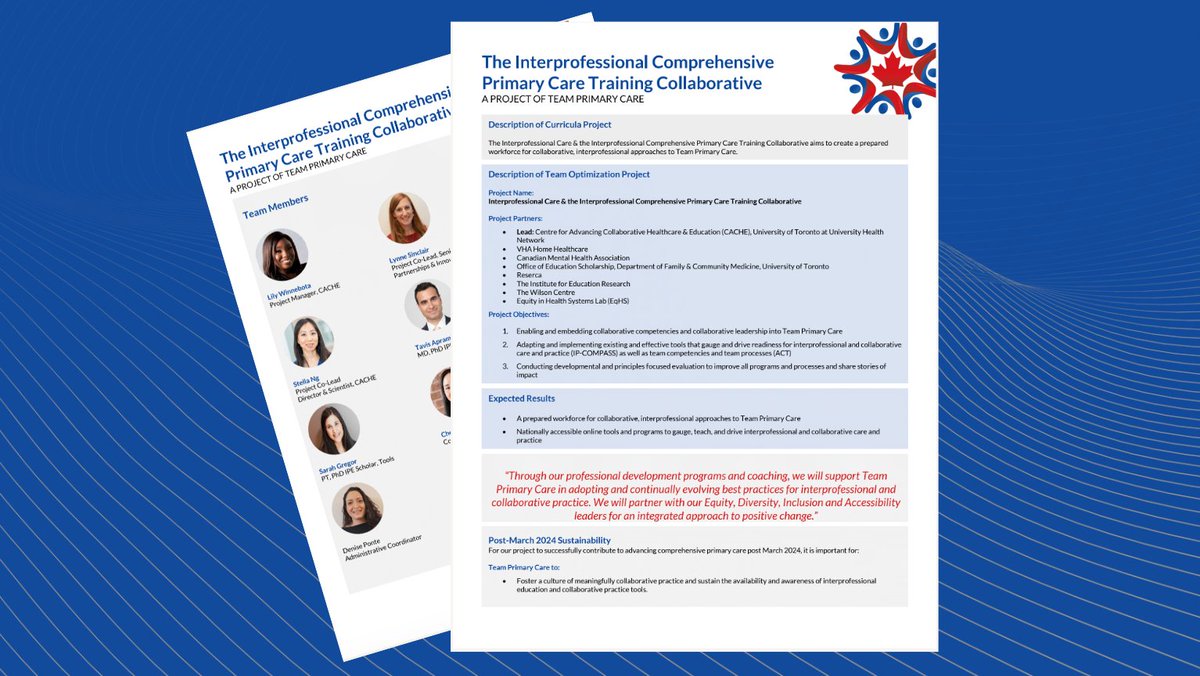 TPC Project Spotlight: The Interprofessional Comprehensive Primary Care Training Collaborative

This project aims to create a prepared workforce for collaborative, interprofessional approaches to Team Primary Care. <a href="/IPEUofT/">UofT's CACHE</a> 

teamprimarycare.ca/projects

#TrainingForTransformation