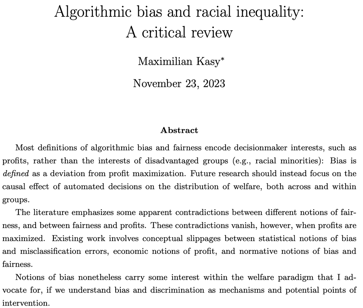 ✊🏾New draft just posted✊🏼
'Algorithmic bias and racial inequality: A critical review'
maxkasy.github.io/home/files/pap…

#fairness #algorithmicbias #inequality #racism