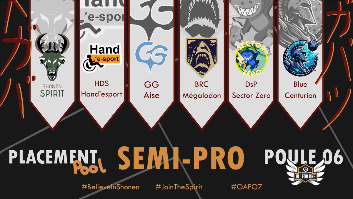 La phase de Placements du <a href="/PlayAllForOneFR/">Overwatch AllForOne France</a> 2024 a commencé en début de semaine et voici ce qui attend nos Shonen Spirit  👀

Voici leurs adversaires pour ce début de saison  😎:
- DsP | Sector Zero : @Dsp_Corp 
- Blue Centurion : <a href="/Ow_Centurion/">Blue Centurion</a> 
- BRC Mégalodon : @BCorsaires 
-