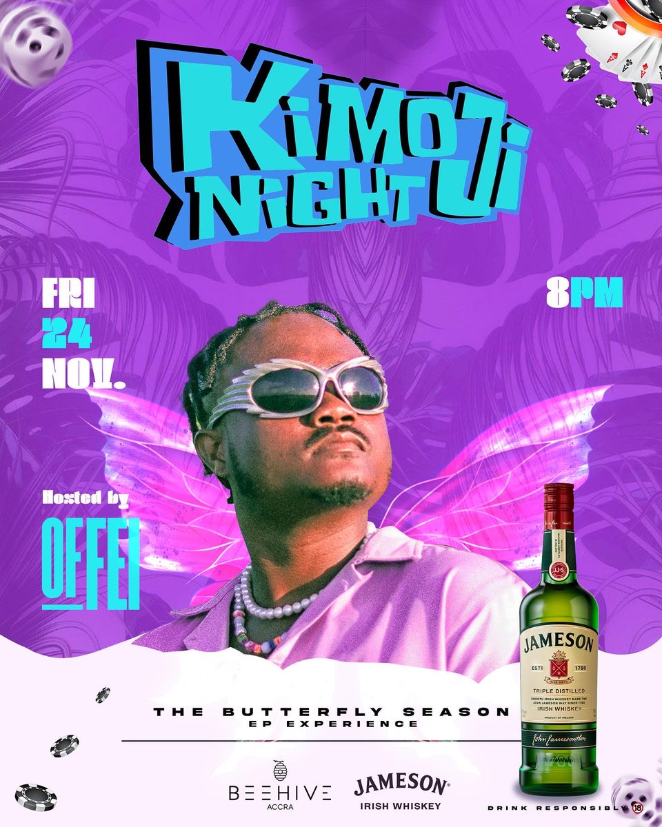 OffeiMusic's tweet photo. WE COMING THROUGH WITH THE FIRST OF MANY LISTENING PARTIES FOR MY DEBUT EP BUTTERFLY 🦋 SEASON , JOIN US AT @KimojiNight inside @BeehiveAccra , LETS GIVE YOU THE BUTTERFLY SEASON EXPERIENCE. Proudly Brought to you by @JamesonGhana 
#PoweredByJameson #WidenTheCircle https://t.co/stjfH9zp31