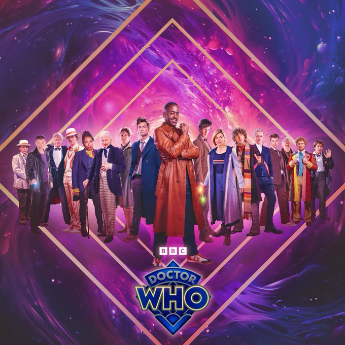 A line up of every regeneration of the Doctor from the last 60 years, behind the Doctor Who logo, in a cosmic background, with Ncuti Gatwa in the centre