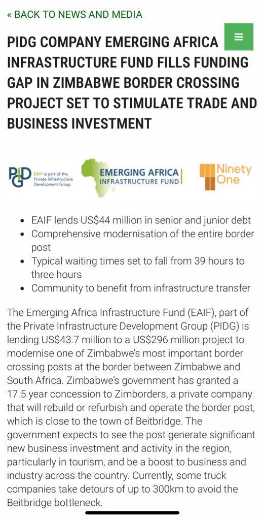 For those keen to know the UK role in the Bbridge project that Amb. <a href="/PeteVowles/">Pete Vowles</a> refers to: 

Zimborders got $296m in loans from banks &amp; development finance. The dev. finance part was led by Afrex and PIDG. In 2020, PIDG lended $43.7m.

Deal details here ➡️ newzwire.live/whats-the-deal…