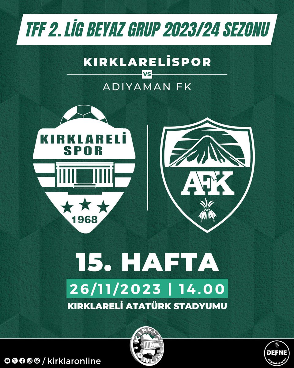kirklaronline's tweet photo. 📢 | 𝙉𝙀𝙓𝙏 𝙈𝘼𝙏𝘾𝙃 ⏳ 

🆚 #adıyamanfk
📆 26.11.23
🕑 14:00
📍 Kırklareli Atatürk Stadyumu 

- 

- 

#kırklareli #kırklarelispor #kırklaronline #tff #haydikırklar #mutluinsanlarkentikırklareli #kırklareliüniversitesi #klu https://t.co/qZ4AlLeXdQ