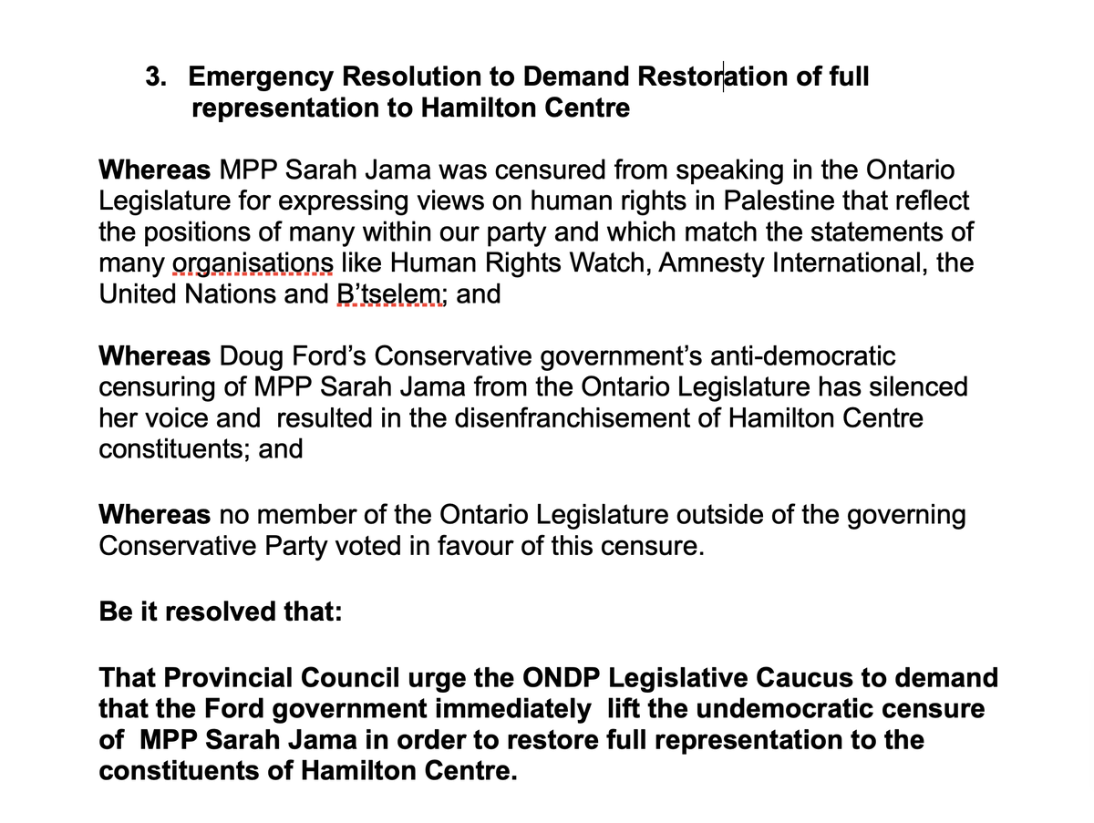 At last night's GMM, the Hamilton Centre ONDP Riding Association passed 3 resolutions for this weekend's ONDP Provincial Council:

1. Offer reinstatement of Sarah Jama to ONDP Caucus.
2. ONDP leadership review.
3. Restoration of Ham Centre representation in the Legislature.