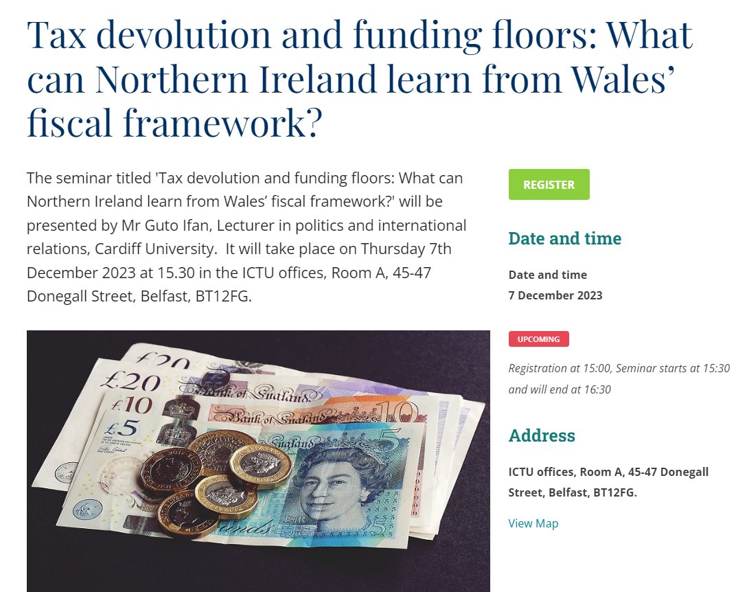 The next NERI seminar takes place in the <a href="/NIC_ICTU/">NIC ICTU</a> offices on 7 Dec at 15:30. <a href="/Guto_Ifan/">Guto Ifan</a> <a href="/cardiffuni/">Cardiff University</a> will present on tax devolution &amp; funding floors. Details &amp; registration -  nerinstitute.net/events/2023/ta… #tax #NorthernIreland #Wales <a href="/LisaWilsonNERI/">Dr Lisa Wilson</a>