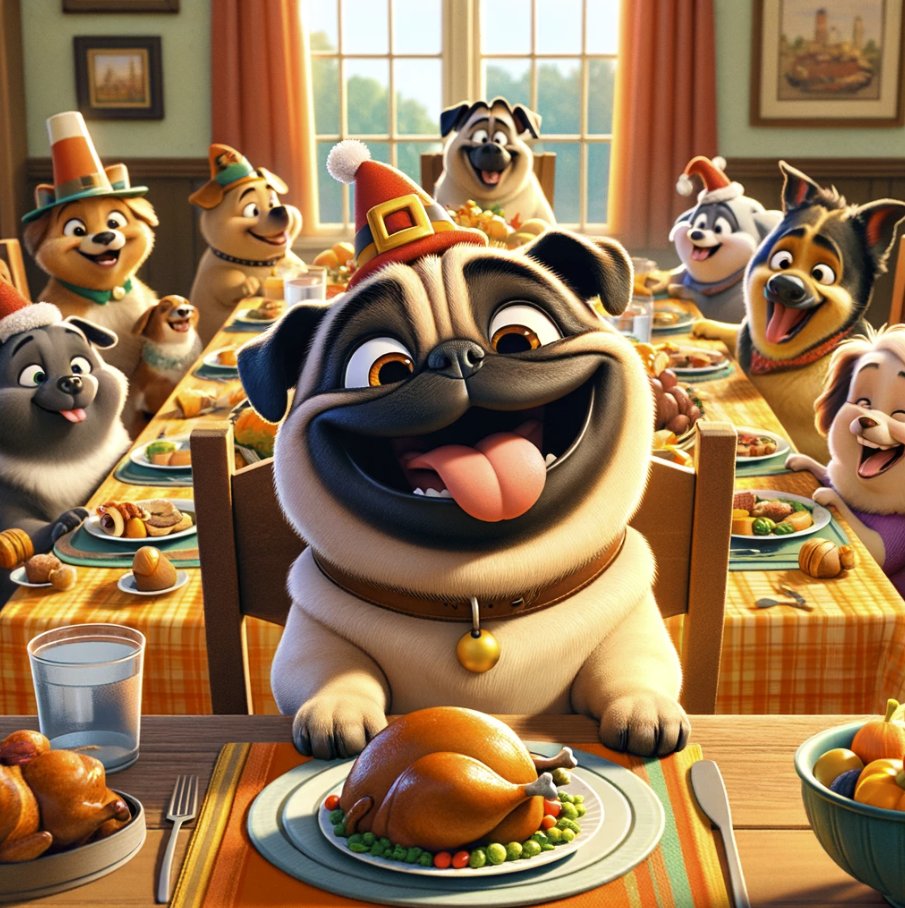 poogs_sol's tweet photo. 🦃🐶 "Don't let the Thanksgiving feast distract you from the most important guests - your pups! 🍗🐾 

🍗🐾Remember, while you're gobbling down turkey and stuffing, those puppy eyes are watching... and waiting!🍗🐾

#pugs #solana #nft https://t.co/fhUrltELJs
