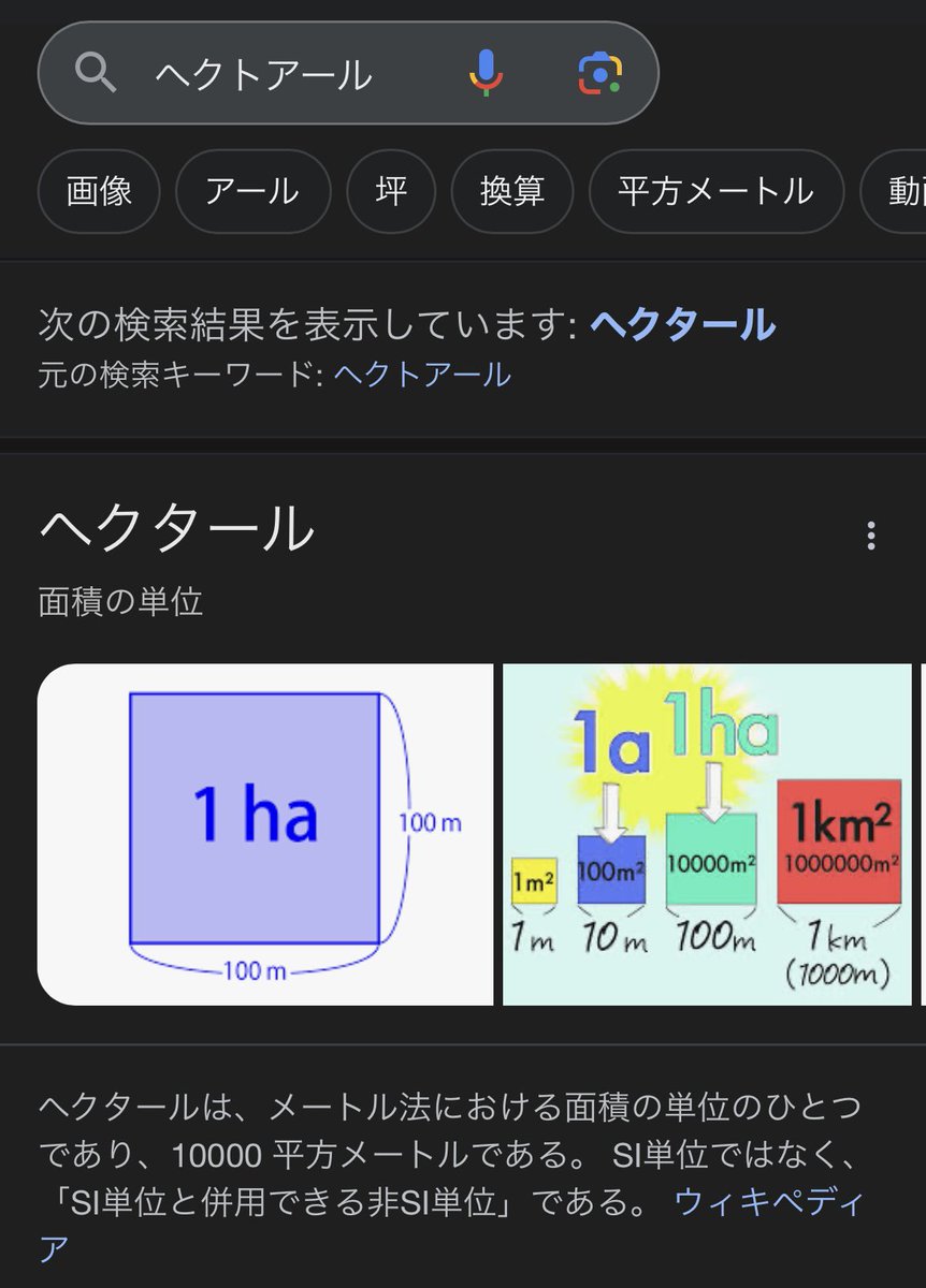 aoyade's tweet photo. ヘクタールは何㎡？と聞かれて
パッと出てこなかった数分前の私へ

キロやメガ、ギガは知ってても、
ヘクトは何故かピンとこない不思議

1ヘクタール(ha)は
1×ヘクト(h)×アール(a)のことだった

ヘクトは10の2乗→100
アールは10m×10mの正方形

なるほどね～

(答え)
1×100×100㎡=10000 ㎡ https://t.co/49nJ2eYR9h
