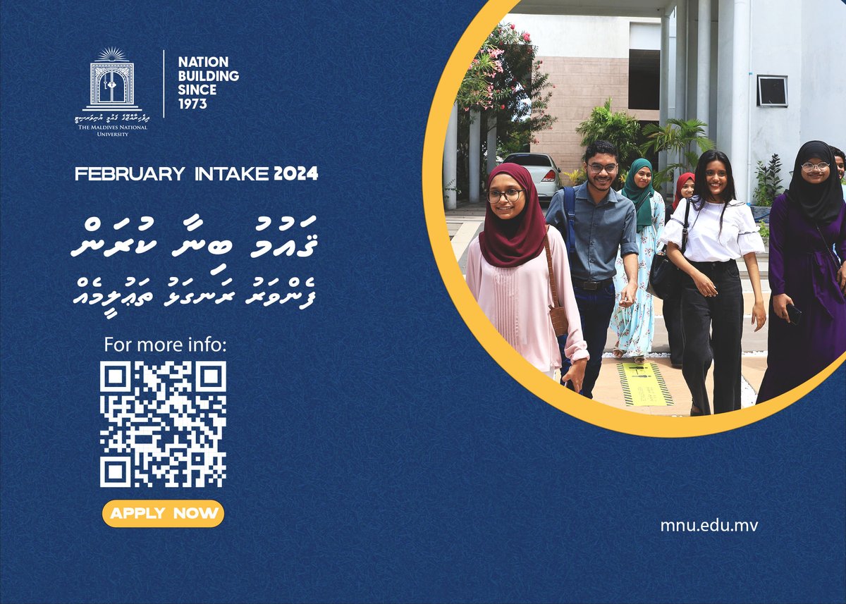 MNUedu's tweet image. Embark on Your Academic Journey, MNU February Intake is open NOW!

Seize the opportunity to shape your future with us. Apply today and step into a world of knowledge and possibilities.

For more info: courses.mnu.edu.mv/course
Apply now: portal.mnu.edu.mv

#FebruaryIntake…