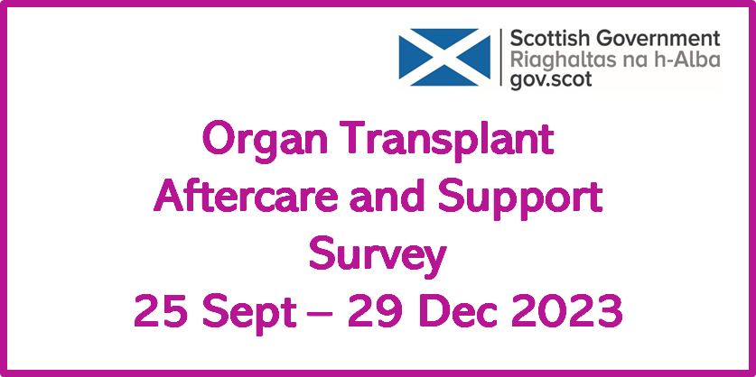 Have you had a kidney transplant and live in Scotland? 

The Scottish Government would like your feedback and want to hear about your experience to help drive service improvements. 

New patient survey is now live! Share your feedback 👉 bit.ly/3s1M3Zy