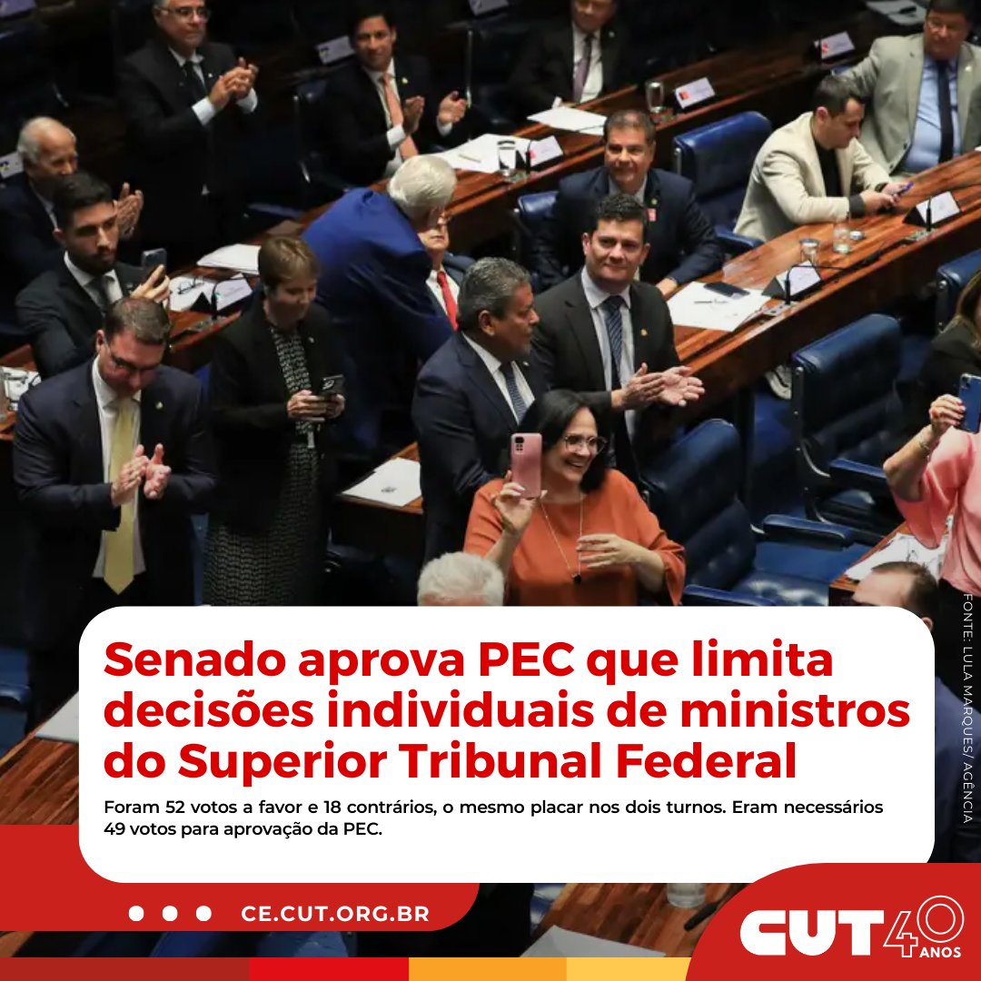 cutceara's tweet photo. O Senado aprovou nesta quarta-feira (22), em dois turnos, a proposta de emenda à Constituição que limita decisões individuais de ministros do Supremo Tribunal Federal (STF).
.
📷 Saiba mais aqui ou acesse o link do Portal CUT na bio: https://t.co/T4SYDM0cIx https://t.co/cAh5WdujQw