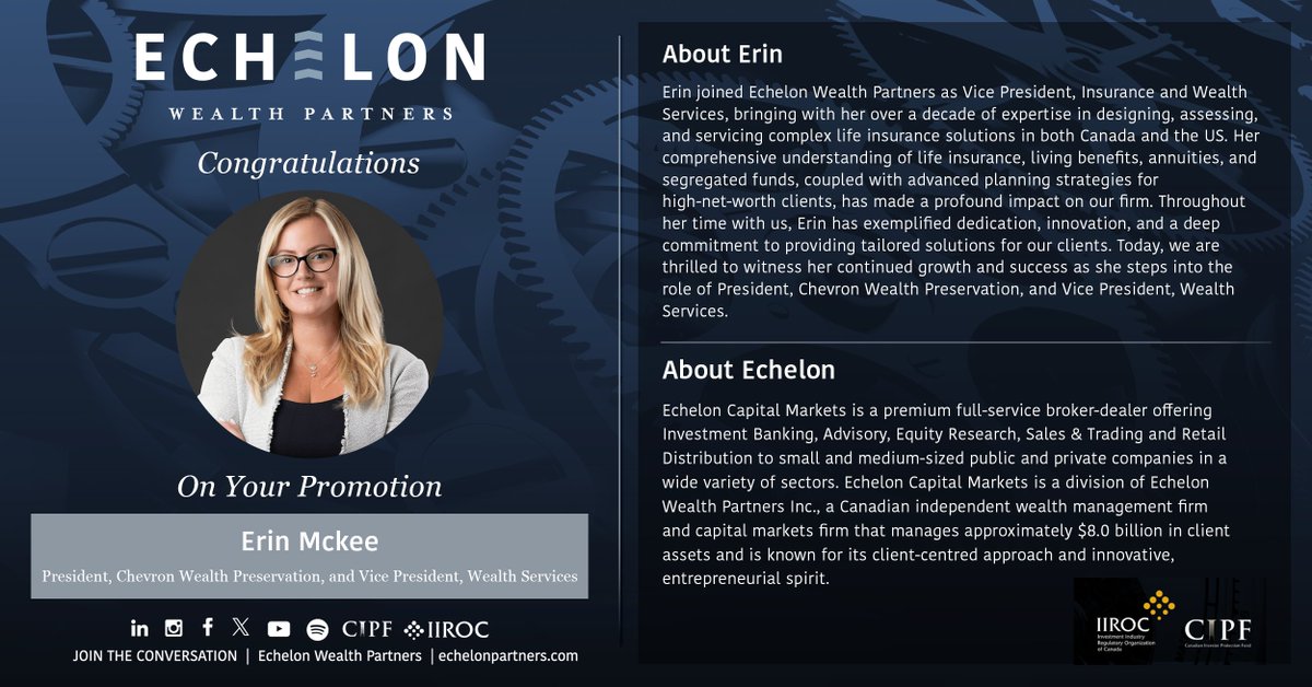 EchelonPartners's tweet image. Erin joined Echelon Wealth Partners as Vice President, Insurance and Wealth Services, bringing with her over a decade of expertise in designing, assessing, and servicing complex life insurance solutions in both Canada and the US. 
#Congratulations #WealthServices #Promotion