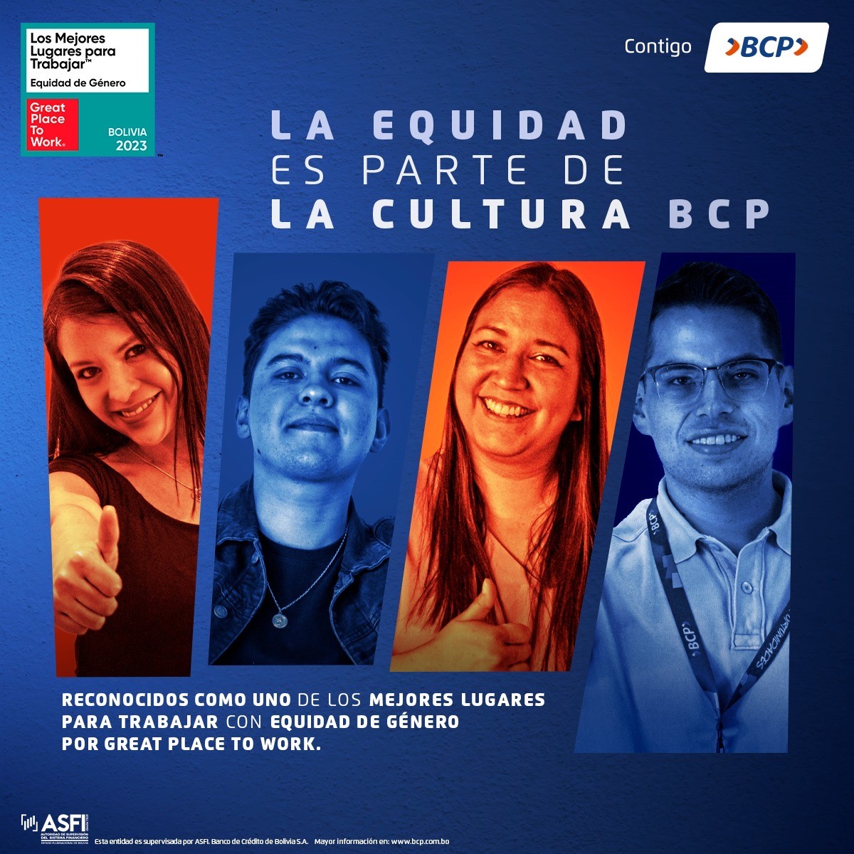 BCP Bolivia uno de los Mejores Lugares para Trabajar 2023 en Equidad de Género. Reflejo de nuestro compromiso con igualdad y la inclusión.