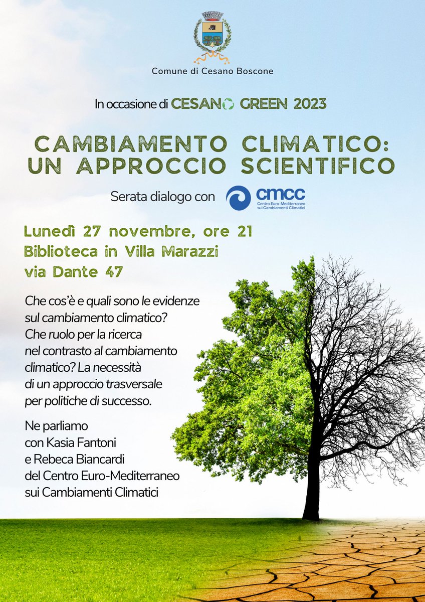 Fondazione Cmcc (@cmccclimate) on Twitter photo "Cambiamento Climatico: un approccio scientifico"
📅 27 novembre 2023, h. 21:00
📍 Biblioteca di Villa Marazzi, Cesano Boscone (MI)
🎙️ Con Kasia Fantoni e Rebeca Biancardi (CMCC - Divisione ISCD)
#cesanogreen #cambiamenticlimatici #scienzedelclma
<a href="/FantoniKasia/">Kasia Fantoni</a> <a href="/RebecaBiancardi/">Rebeca Biancardi Aleu</a> "Cambiamento Climatico: un approccio scientifico"
📅 27 novembre 2023, h. 21:00
📍 Biblioteca di Villa Marazzi, Cesano Boscone (MI)
🎙️ Con Kasia Fantoni e Rebeca Biancardi (CMCC - Divisione ISCD)
#cesanogreen #cambiamenticlimatici #scienzedelclma
<a href="/FantoniKasia/">Kasia Fantoni</a> <a href="/RebecaBiancardi/">Rebeca Biancardi Aleu</a>
