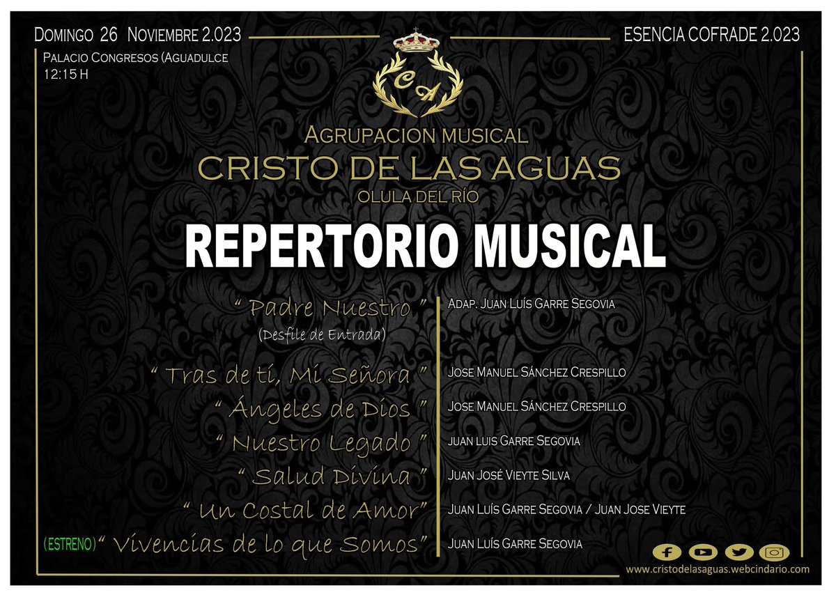 #Repertorio | 𝐈𝐈 𝐒𝐀𝐋𝐎𝐍 𝐂𝐎𝐅𝐑𝐀𝐃𝐄 “𝐄𝐒𝐄𝐍𝐂𝐈𝐀 𝐂𝐎𝐅𝐑𝐀𝐃𝐄”

Os dejamos las marchas a interpretar este próximo Domingo en Esencia Cofrade a las 12:15h

#LegionBlanca #XVAniversario