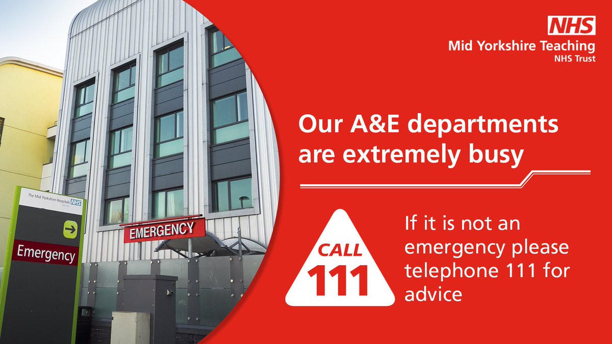 Our A&E departments are extremely busy. If you are in need of medical care, please consider other options before attending A&E: 💊Local pharmacy 🩺King Street Walk in Centre 📲111.nhs.uk 👨‍⚕️GP Care Wakefield Please remember A&E is for life-threatening emergencies.